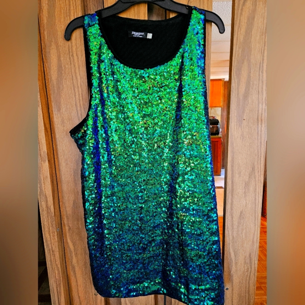 Fashion Nova Sequin Tank Top - Green & Blue